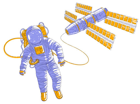 Astronaut flying in open space connected to space station, spaceman in spacesuit floating in weightlessness and iss spacecraft with solar panels behind him. Vector illustration isolated over white.