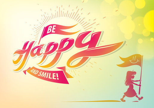 Be Happy greeting card vector design with walking boy silhpuette. Includes beautiful lettering composition placed over blurred colorful abstract background. Square shape format with CMYK colors