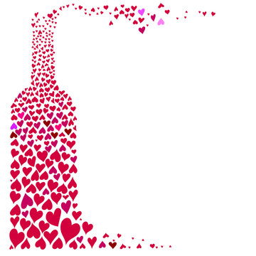 flat wine bottle filled in with red hearts on white background - vector illustration