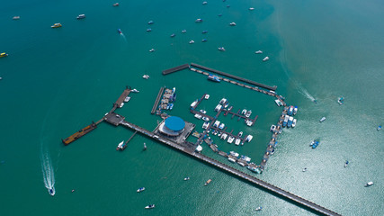 Chalong pier, Phuket Thailand. January 2018.Aerial shot of pier with many speed boats.