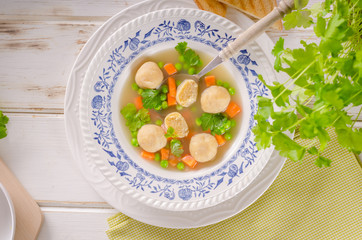 Fresh vegetable soup with chicken dumplings