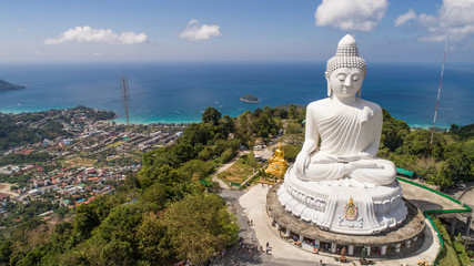 Aerial view of Big Buddha statue Phuket, Thailand. December 2017. The statue is located on the mountain near Kata beach and Karon beach.