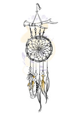 Vector illustration with hand drawn dream catcher. Watercolor brush strokes and stains. Ornate ethnic items, feathers, beads.