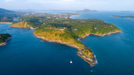 Aerial view of Promthep cape, Phuket, Thailand. 1st January 2018, In the evening. Promthep cape is very famous destination to see sunset.