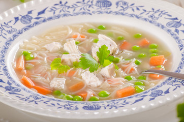 Spring chicken soup noodles, vegetable and toast