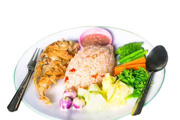 Shrimp paste chili sauce with mackerel fried in Thai call Nam Prik Kapi with fresh vegetables the local style popular traditional delicious Thai food on white background