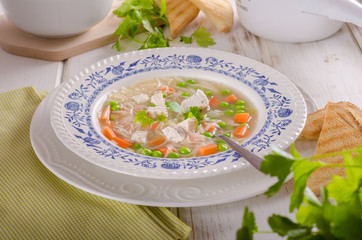 Spring chicken soup noodles, vegetable and toast