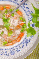 Spring chicken soup noodles, vegetable and toast