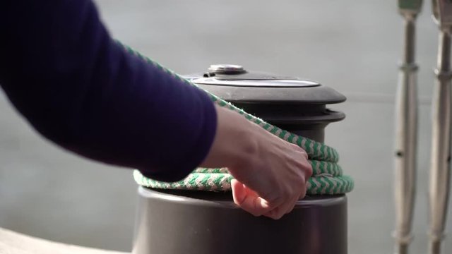 Rope windlass on sailing yacht at windy sunny day
