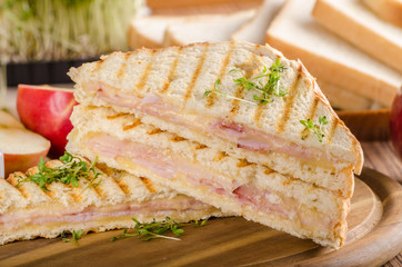 Panini cheese ham toast, fresh apple sandwitch