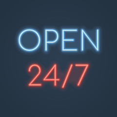 Glowing neon open 24/7 hours sign on dark background. Vector illustration.