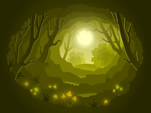 Glowing Mushrooms In The Forest. Paper Cut Illustration