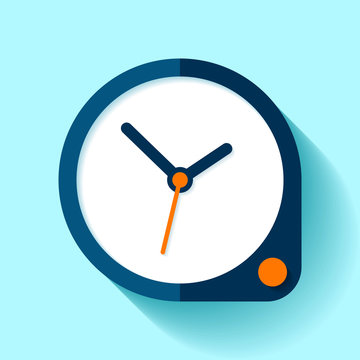 Clock icon in flat style, round timer on blue background. Simple business watch. Orange button. Vector design element for you project