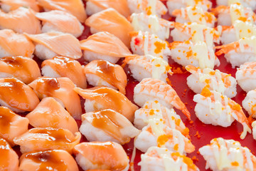 Street food in Thailand, Sushi Japanese food texture background,Food background.