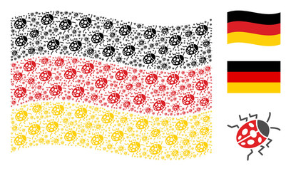 Waving Germany official flag. Vector ladybird bug pictograms are formed into conceptual Germany flag composition. Patriotic composition designed of flat ladybird bug icons. © Aha-Soft