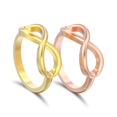 3D illustration isolated two yellow and rose gold simple infinity rings with shadow