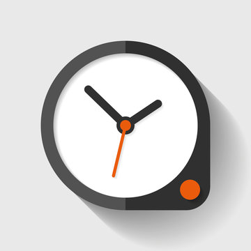 Clock icon in flat style, round timer on light background. Simple business watch. Orange button. Vector design element for you project