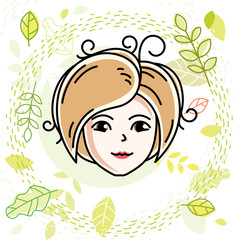 Beautiful women face, human head. Vector character, attractive blonde lady face features. Spring theme illustration.