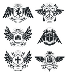 Heraldic Coat of Arms decorative emblems isolated vector illustrations. Vintage design elements collection.