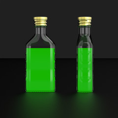 Bottle with glowing liquid. Neon light from magic potion. 3d illustration.