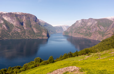 Obraz na płótnie Canvas Stegastein Lookout Beautiful Nature Norway aerial view. Sognefjord or Sognefjorden