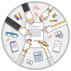 Businessman signs contract paper document or bank customer write a sign on financial form of money credit and employees helps him and explains the terms of loan, top view of people hands. Vector.