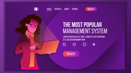 Management System Landing Page Vector. Store. Woma With Laptop. Business Processes. Main Website Page Design. Consumerism Template Illustration
