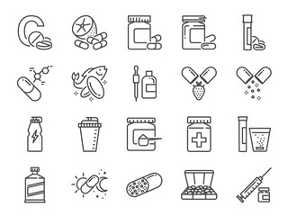 Vitamin and dietary supplement icon set. Included the icons as vitamin c, fish oil, whey protein, tablet, pills, medication, medicine and more - obrazy, fototapety, plakaty