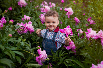 kid in the garden in the colors of peonies, suburban life