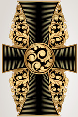 Golden ornate cross shaped emblem