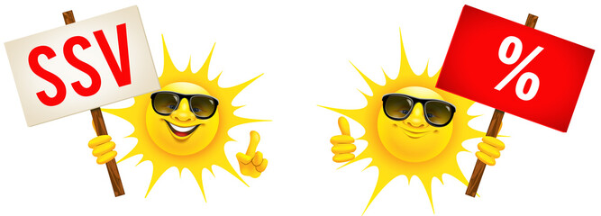 Cartoon Sonne mit Sonnenbrille und Schild - SSV und Prozente