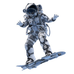 Fototapeta premium Spaceman on flying board. Mixed media