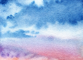 Classic watercolor cloudy sky background. Gradient from blue to lilac. Hand drawn illustration on a wet paper.