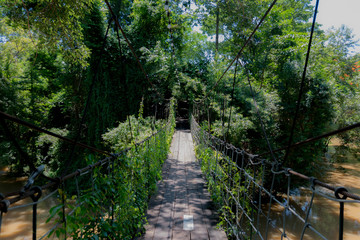 Suspension bridge old wood crossing the river in the woods of Thailand view.