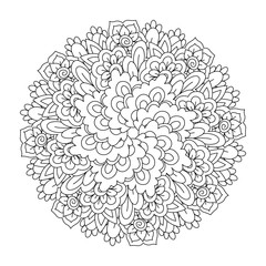 Round element for coloring book. Black and white floral pattern. Mandala.