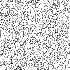 Seamless pattern for coloring book. Black and white background with floral, ethnic, hand drawn elements for design.