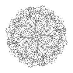 Round element for coloring book. Black and white floral pattern. Mandala.