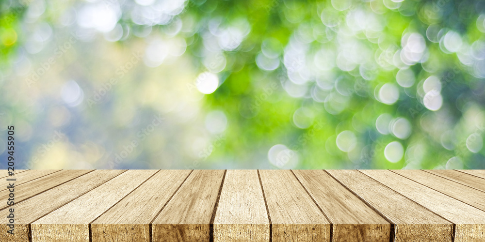 Wall mural perspective wood and blur outdoor park nature background, product display montage, spring and summer