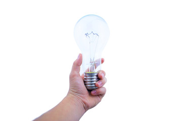 Innovation or creative concept, hand hold a lightbulb Isolated on white background with clipping path