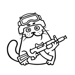 Fighting cat in helmet and with gun. Vector illustration.