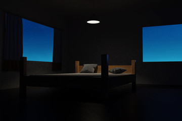 3d rendering of bedroom with empty wooden bed in the night