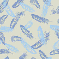 Feather natural bird seamless pattern. Hand drawn vector illustration.