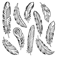 Indian feather set hand drawn. Vector illustration.