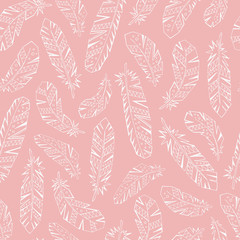 Decorative feathers seamless pattern. Hand drawn vector illustration.