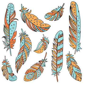 Decorative set of feathers in ethnic style. Hand drawn vector illustration.