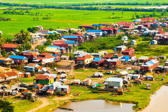 Floating village Phnom Krom, green rice fields, Tonle Sap, Siem Reap, Cambodia
