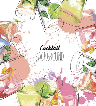 Watercolor background with alcohol drinks. Template design for menu, bar.