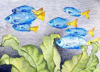 Watercolor illustration of an underwater world with fish and plants.