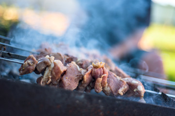 Meat grilling on charcoal and flame