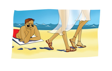 Fototapeta premium On the beach. A man with sunglasses watches the slender legs of passing women.